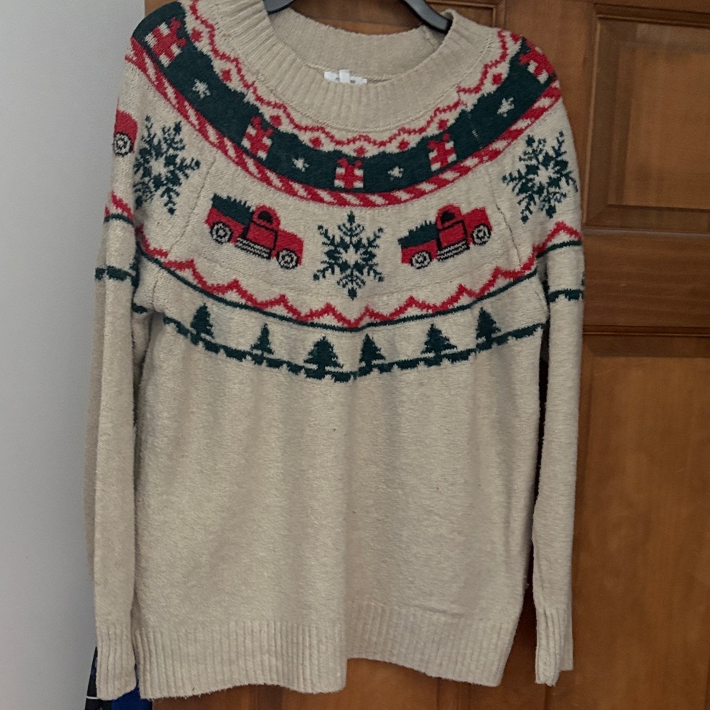 Maurices Cream Sweater with Red and Green Patterns